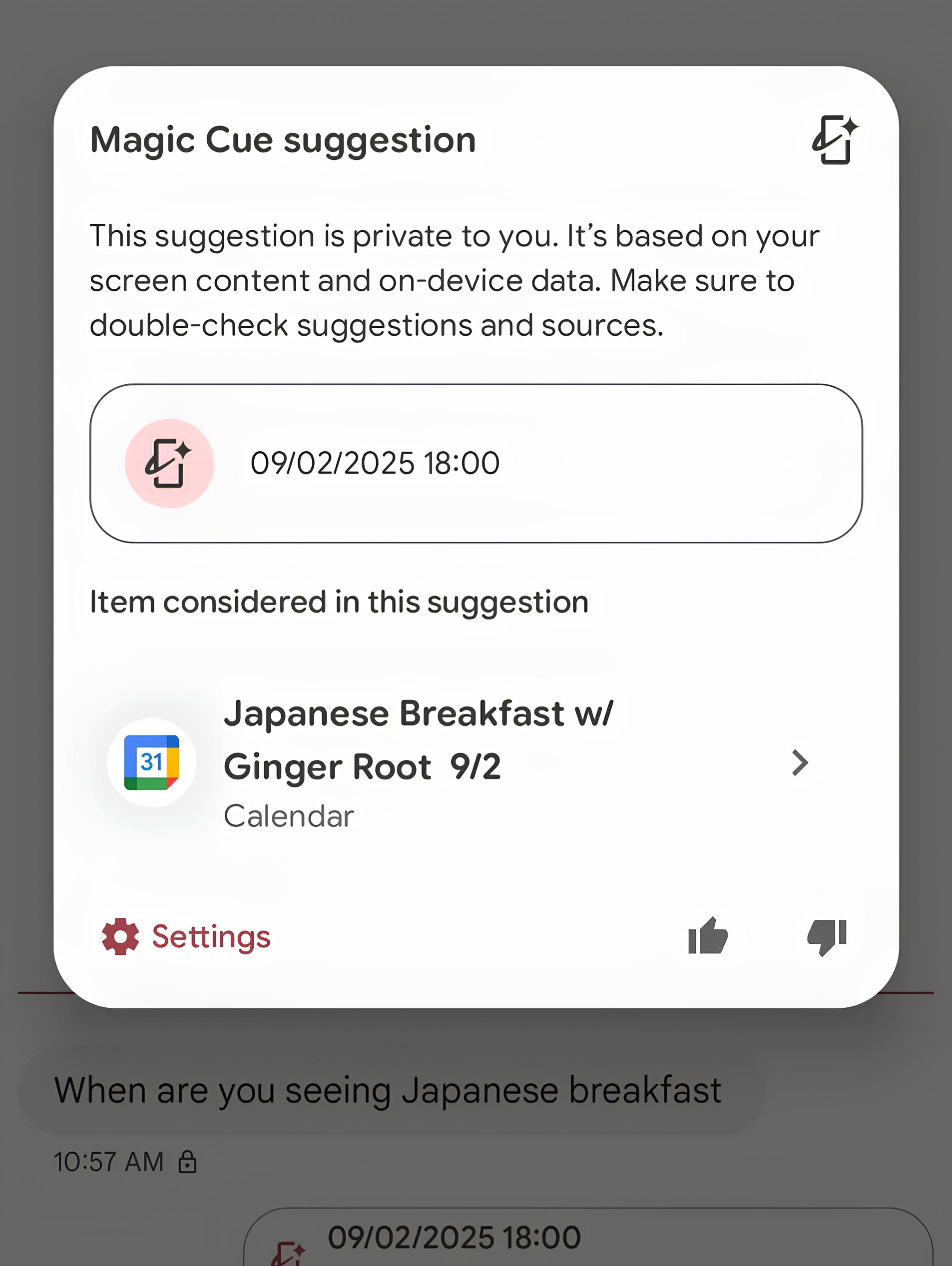 Ở cuối cuộc trò chuyện sẽ hiện gợi ý Magic Cue, bạn chỉ cần nhấn vào để xem nguồn gốc thông tin - Techlade