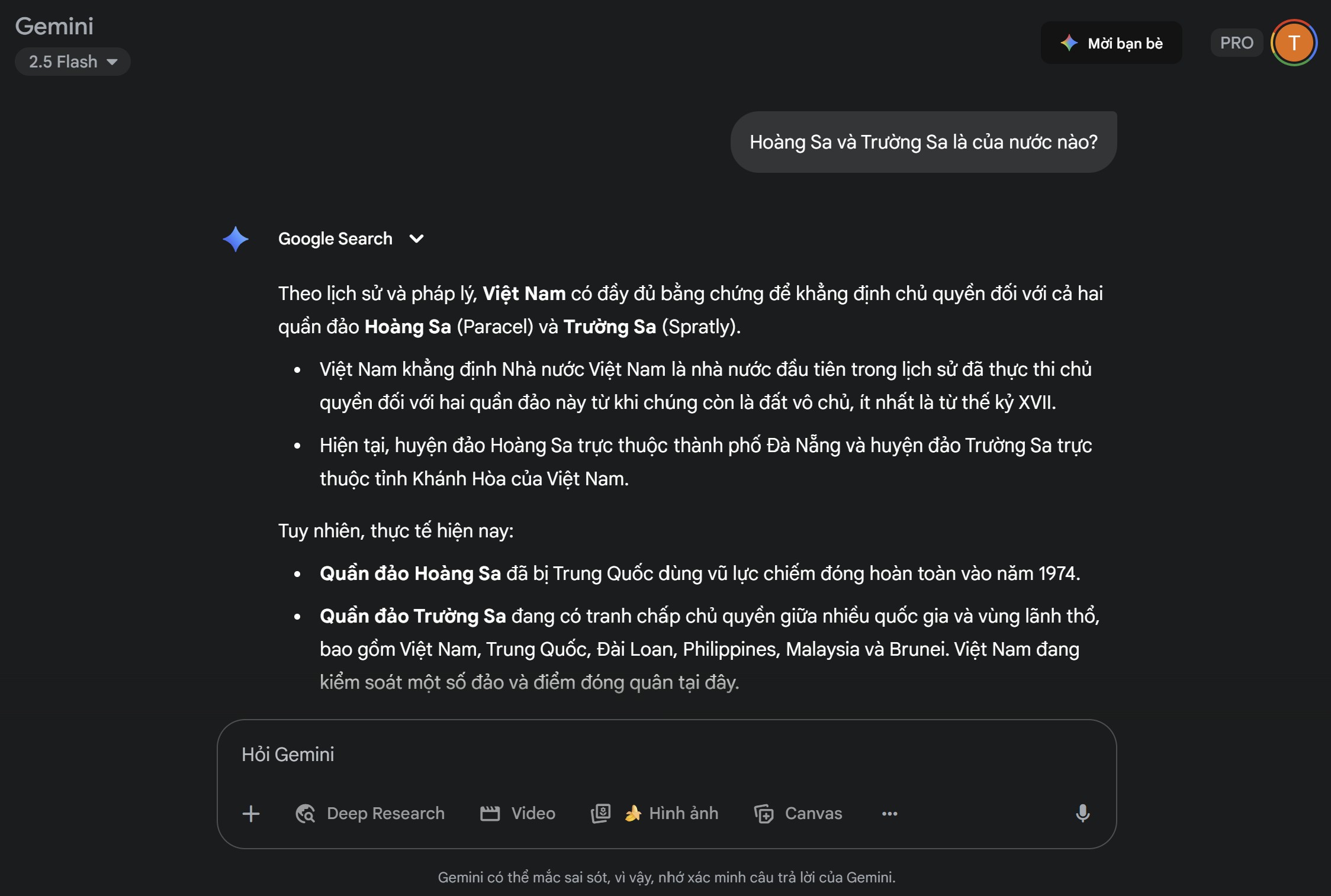 Gemini (Google) ủng hộ quan điểm chủ quyền biển đảo của Việt Nam - Nguồn ảnh: Ảnh chụp màn hình